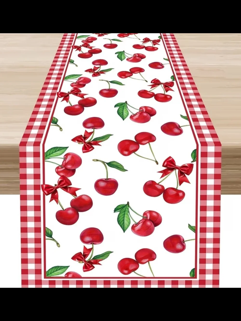 Cherry Print Table Runner with Gingham Border - Red & Green
